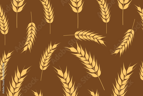Seamless pattern of ripe wheat spikelets. Agricultural symbol, flour production. Vector silhouette of wheat.