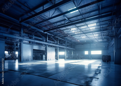 a grey industrial warehouse with skylights