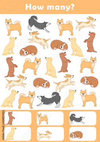 Fototapeta Naklejka Na Ścianę i Meble -  Counting children game cartoon. I spy game for toddlers. Find and count cute dogs. Counting educational activity for children and kids. Find and count objects worksheet.