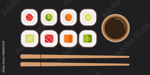 Illustration of plate with sushi rolls. Flat set of sushi roll vector icons for web design.  Isolated on black background.