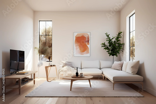 image of a minimalist living room with clean lines, neutral palette, and abundant natural light, simplicity, serenity, harmonious design, mindful living, airy atmosphere