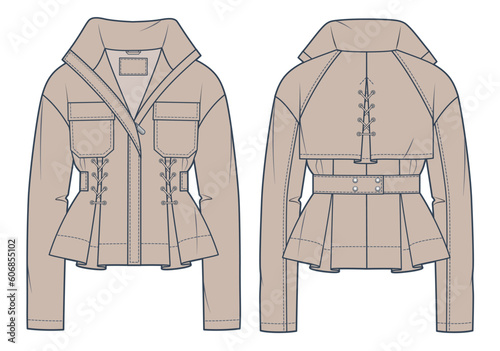 Cropped Trench Coat technical fashion Illustration.  Jacket fashion flat technical drawing template, front and back view, lace-up, zip-up, beige color, women, men, unisex CAD mockup.