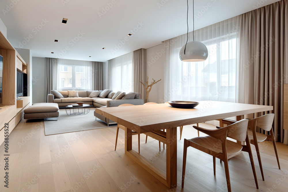 Scandinavian studio apartment. Interior design of modern living room with dining table and chairs. Created with generative AI - obrazy, fototapety, plakaty 