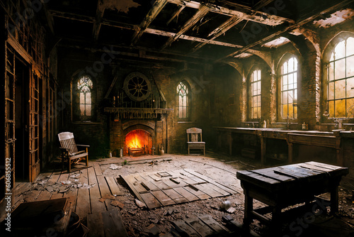 Shabby room with fireplace in a dilapidated old mansion. Interior with vintage furniture and antiques. Created using generative AI tools
