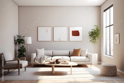 image of a minimalist living room with clean lines, neutral palette, and abundant natural light, simplicity, serenity, harmonious design, mindful living, airy atmosphere © Linus