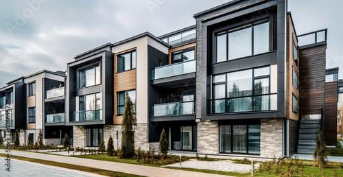 Modern modular private townhouses. Residential architecture exterior. Created with generative Ai
