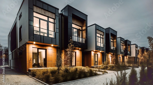 Modern modular private black townhouses. Residential architecture exterior. Created with generative Ai photo