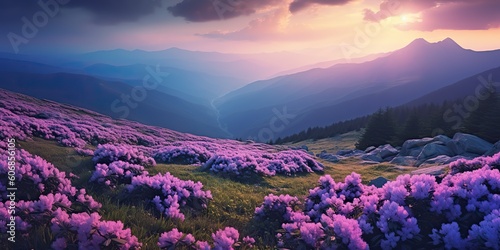 AI Generated. AI Generative. Beautiful rhododendron flowers over sunset mountains field landscape. Graphic Art