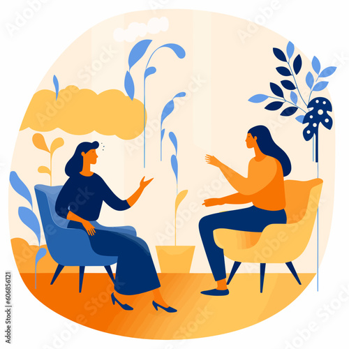 Illustration of a conversation with a psychologist two people in cartoon style talking at a psychologist's counseling session