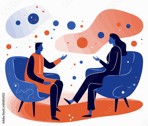 Illustration of a conversation with a psychologist two people in cartoon style talking at a psychologist's counseling session