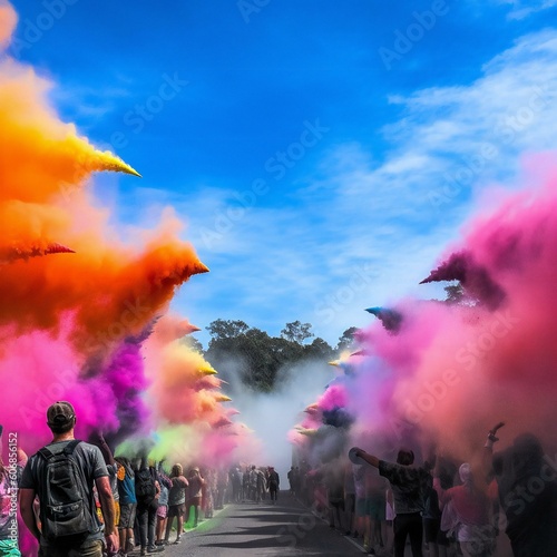 Rear view color powder festival. Created with generative AI technology.