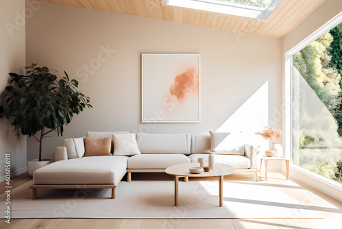 image of a minimalist living room with clean lines, neutral palette, and abundant natural light, simplicity, serenity, harmonious design, mindful living, airy atmosphere