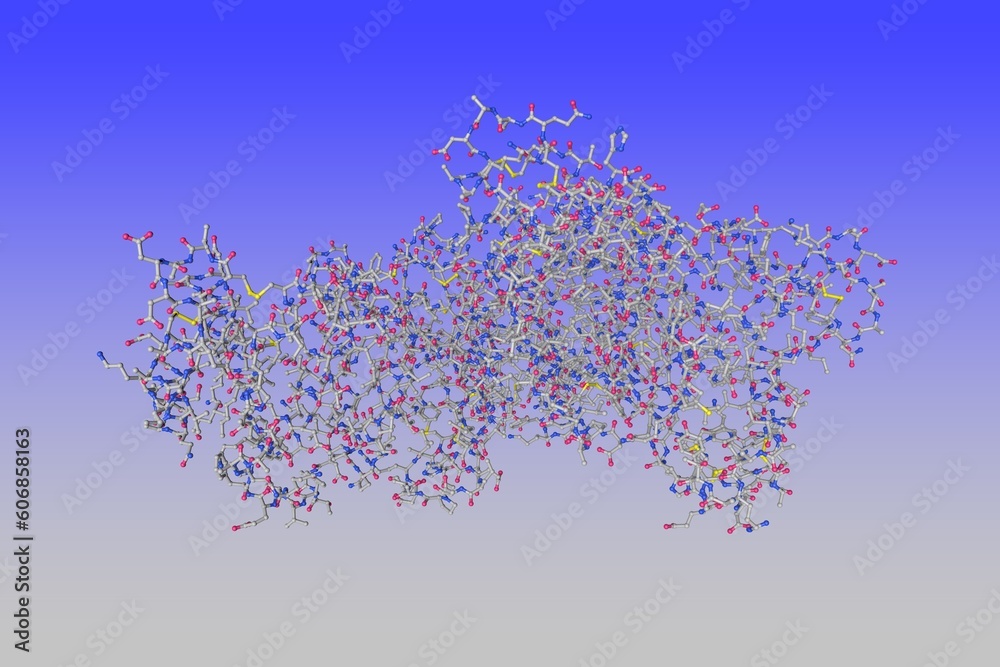 Human serum albumin complexed with hexadecanoic acid (palmitic acid). Molecular model. Rendering based on protein data bank entry 1e7h. Scientific background. 3d illustration