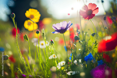 colorful flower meadow in spring with sunshine in background made with Generative AI © Marvin
