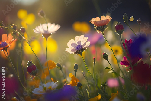 colorful flower meadow in spring with sunshine in background made with Generative AI