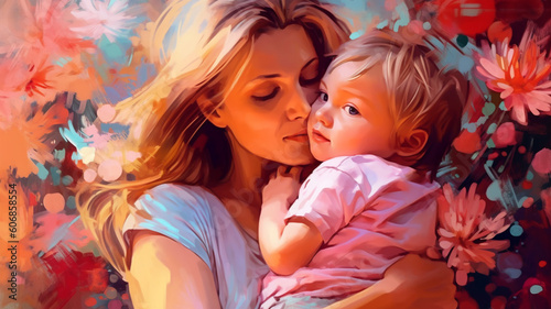 Painted image of a young mother holding her son in her arms, parenthood, mother's day