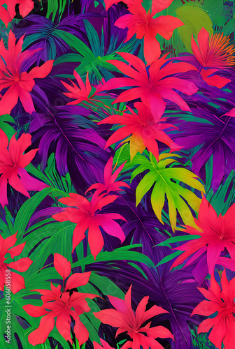 Tropical botanical background with volumetric flowers. Neon.