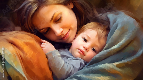 Painted image of a young mother holding her son in her arms, parenthood, mother's day