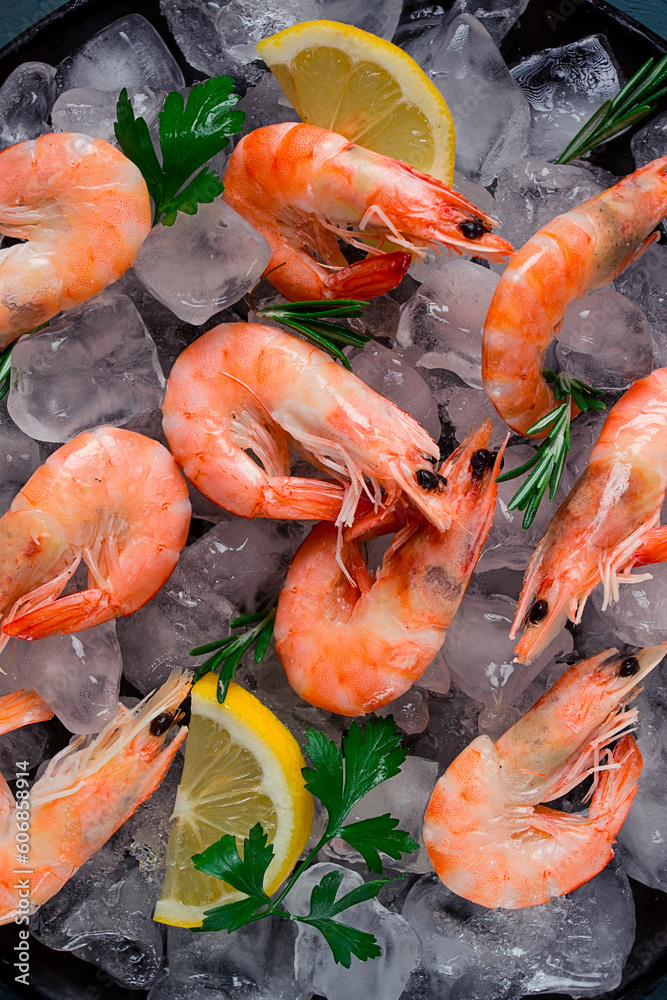 King shrimps, undivided, boiled-frozen, on ice, top view, selective focus, no people,