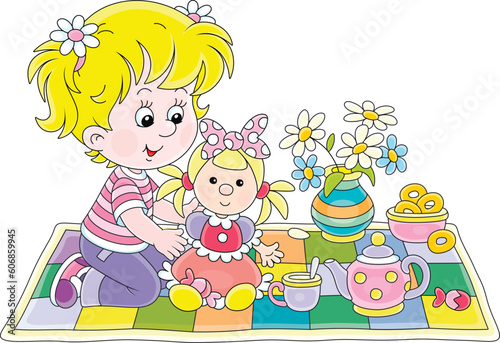 Happy little girl playing with her beautiful doll and a toy tea-set on a colorful checkered carpet in a nursery, vector cartoon illustration isolated on a white background