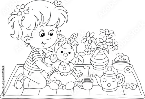 Happy little girl playing with her doll and a toy tea-set on a colorful checkered carpet in a nursery, black and white outline vector cartoon illustration for a coloring book page