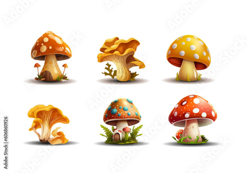Set of fabulous mushrooms of different types. Vector illustration, print for background, print on fabric, paper, wallpaper, packaging.