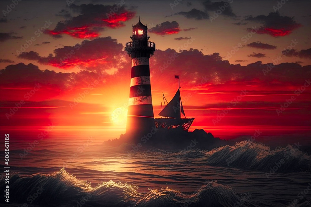 Ai generated image of lighthouse with sunrise background