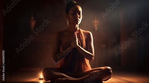 Beautiful spiritual woman in yoga pose. Generative ai.