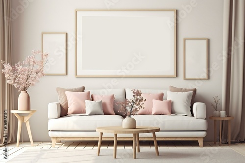 Modern scandinavian living room interior. Wooden picture frame  poster mockup. Sofa with throw blanket and pillows. Cherry plum blossoms in vase. Elegant stylish minimal home decor. Generative AI