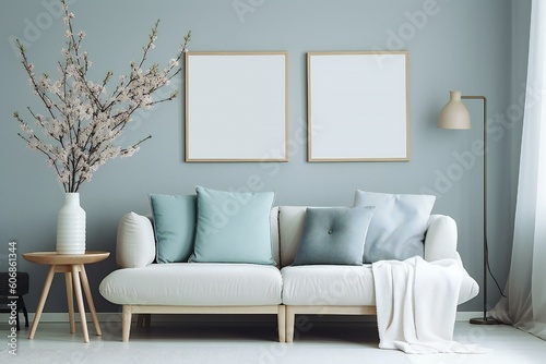 Modern scandinavian living room interior. Wooden picture frame  poster mockup. Sofa with throw blanket and pillows. Cherry plum blossoms in vase. Elegant stylish minimal home decor. Generative AI