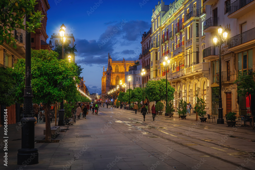 Avenida de la Constitucion Street at Night with Seville Cathedral - Seville, Andalusia, Spain