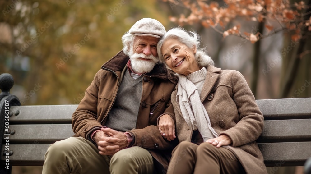 Happy senior couple posing in the park. Generative ai. Happy senior couple posing in the park. Generative ai.