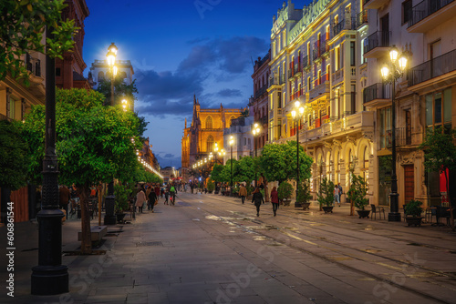 Avenida de la Constitucion Street at Night with Seville Cathedral - Seville, Andalusia, Spain © diegograndi