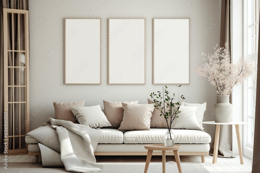 Modern scandinavian living room interior. Wooden picture frame, poster mockup. Sofa with throw blanket and pillows. Cherry plum blossoms in vase. Elegant stylish minimal home decor. Generative AI Modern scandinavian living room interior. Wooden picture frame, poster mockup. Sofa with throw blanket and pillows. Cherry plum blossoms in vase. Elegant stylish minimal home decor. Generative AI