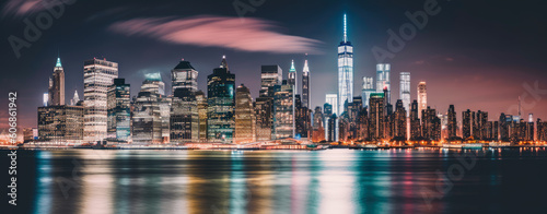 A panoramic view of the New York city skyline at night - Generative AI © Florian