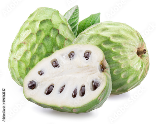 Custard apples or cherimoya fruits and slice of fruit isolated on white background. photo