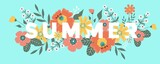 Summer banner. Flowers and leaves on blue background.