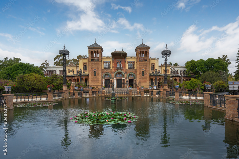 Plaza de America Central Pond and Mudejar Pavilion at Maria Luisa Park - Seville, Andalusia, Spain