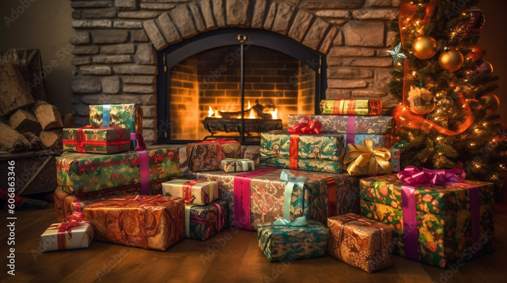 view of wrapped gifts and fireplace with christmas tree in the back,  Created using generative AI tools.