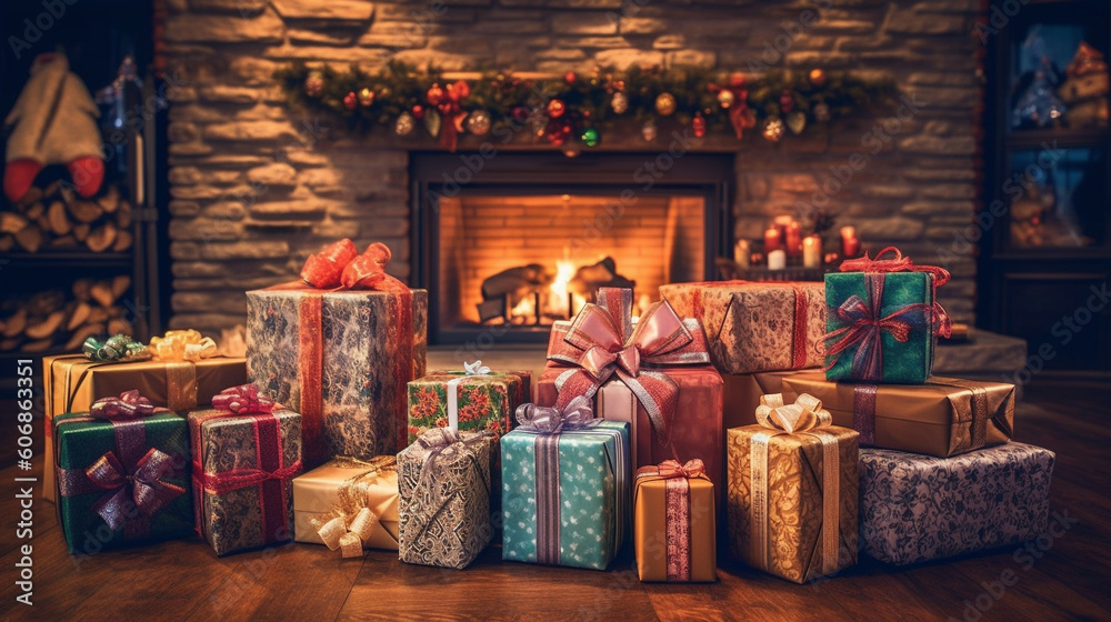 view of wrapped gifts and fireplace with christmas tree in the back, Created using generative AI tools. view of wrapped gifts and fireplace with christmas tree in the back, Created using generative AI tools.