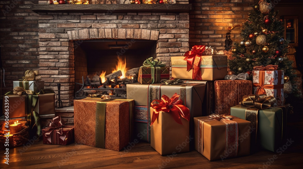 view of wrapped gifts and fireplace with christmas tree in the back, Created using generative AI tools. view of wrapped gifts and fireplace with christmas tree in the back, Created using generative AI tools.