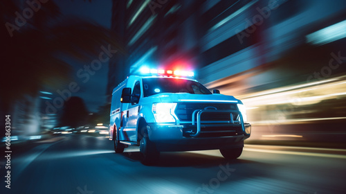 an ambulance racing through the rain on a stormy night with motion blur with reflections and light trails, Created using generative AI tools.