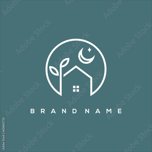 line art leaf house at night logo vector