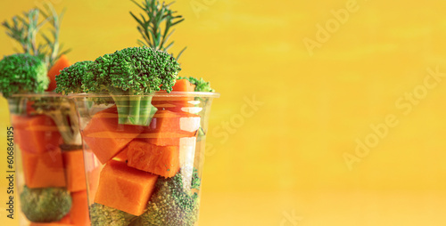 super food. broccoli and pumpkin ready to cook. with spices, rosemary and pumpkin seeds.