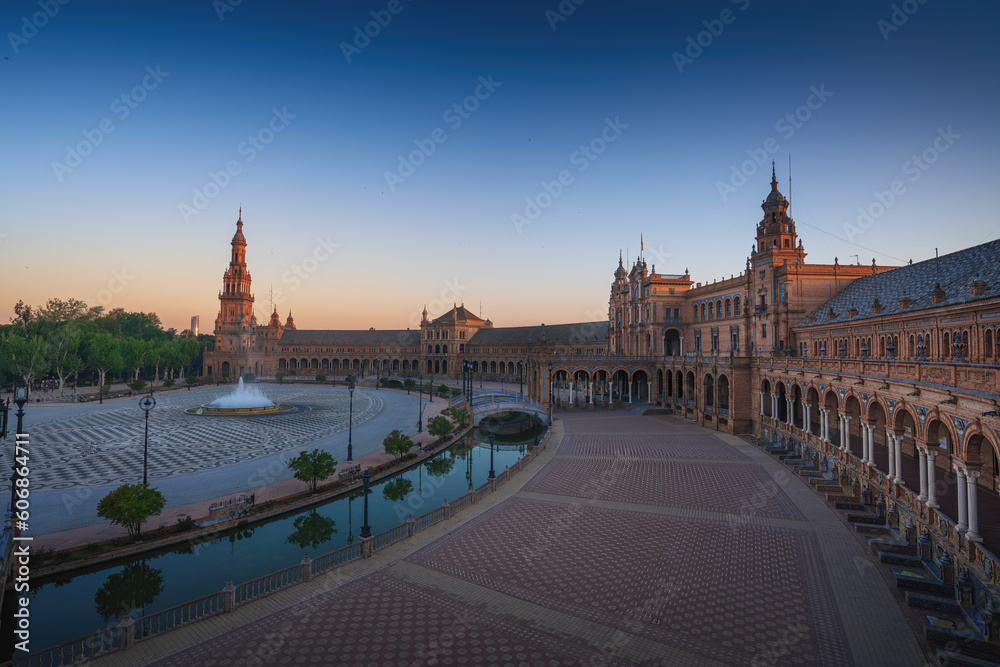 Plaza de Espana at sunrise - Seville, Andalusia, Spain.