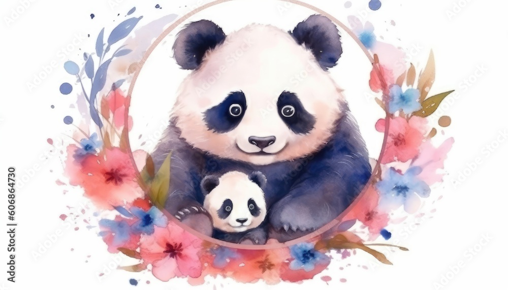 Naklejka premium An AI generated watercolor illustration of a cute panda family. (Generative AI)
