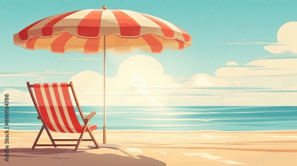 The vacation concept showcases a beach chair, umbrella, and sun. (Generative AI)