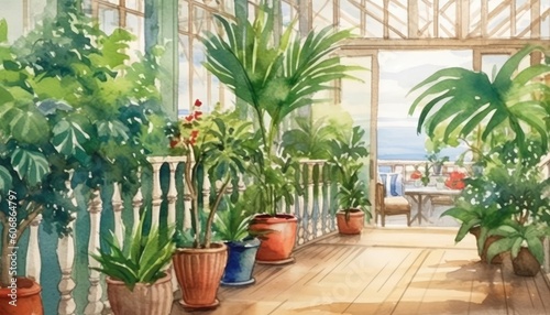 The terrace is adorned with lush green indoor plants. (Watercolor style, Generative AI)