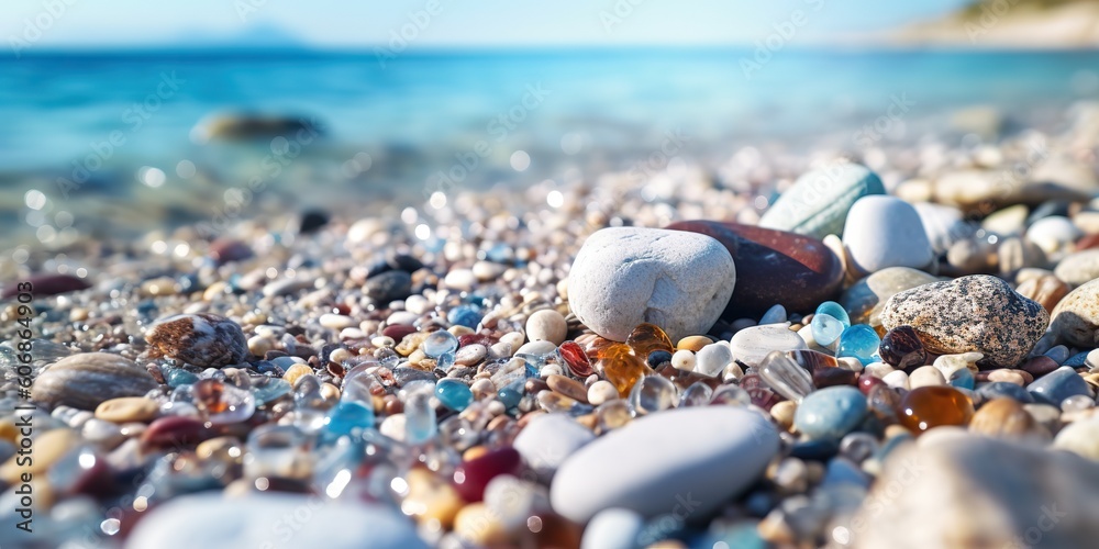 AI Generated. AI Generative. Summer beach cost sea side pebbles stones. Graphic Art