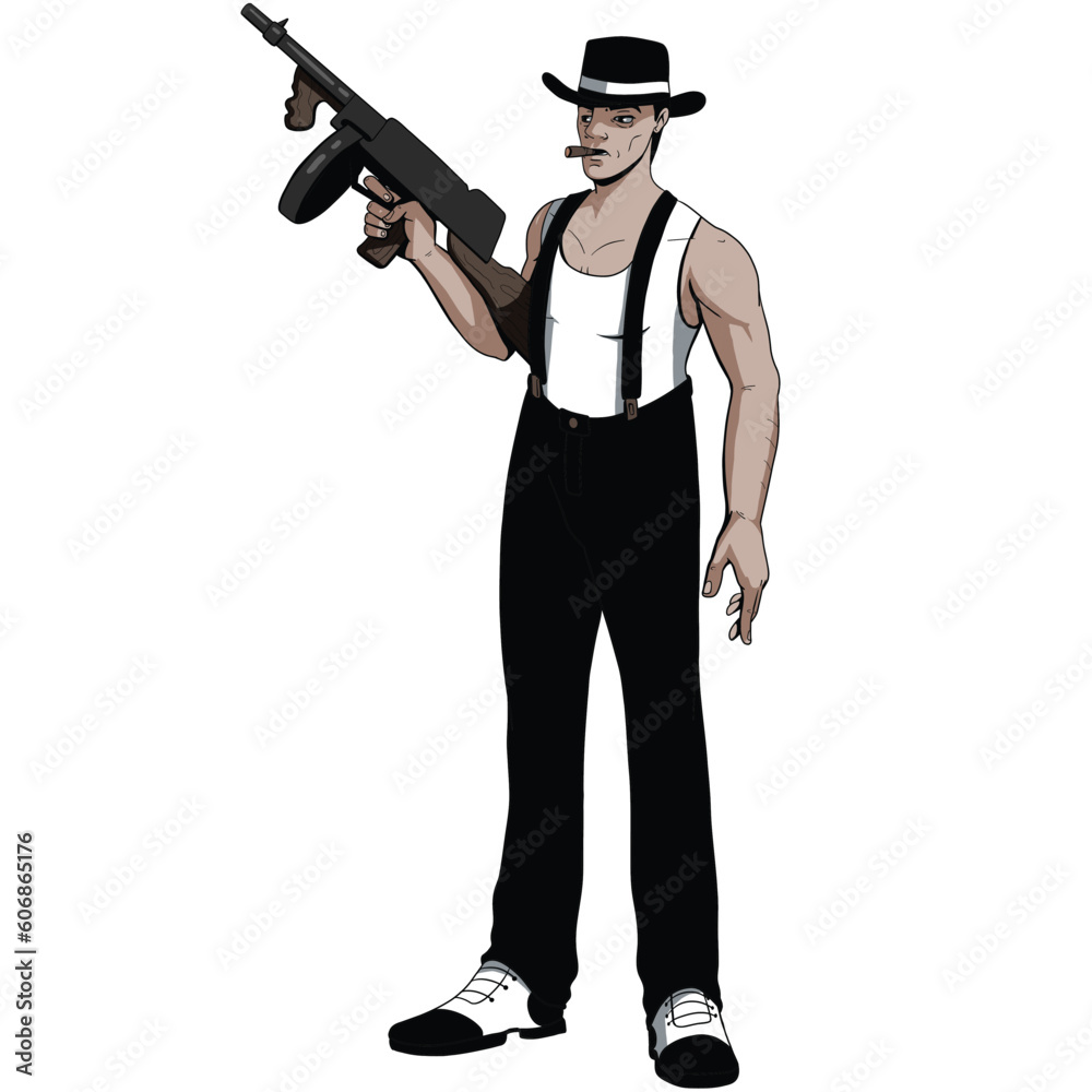 Cartoon semi realistic mobster character with tommy gun 
